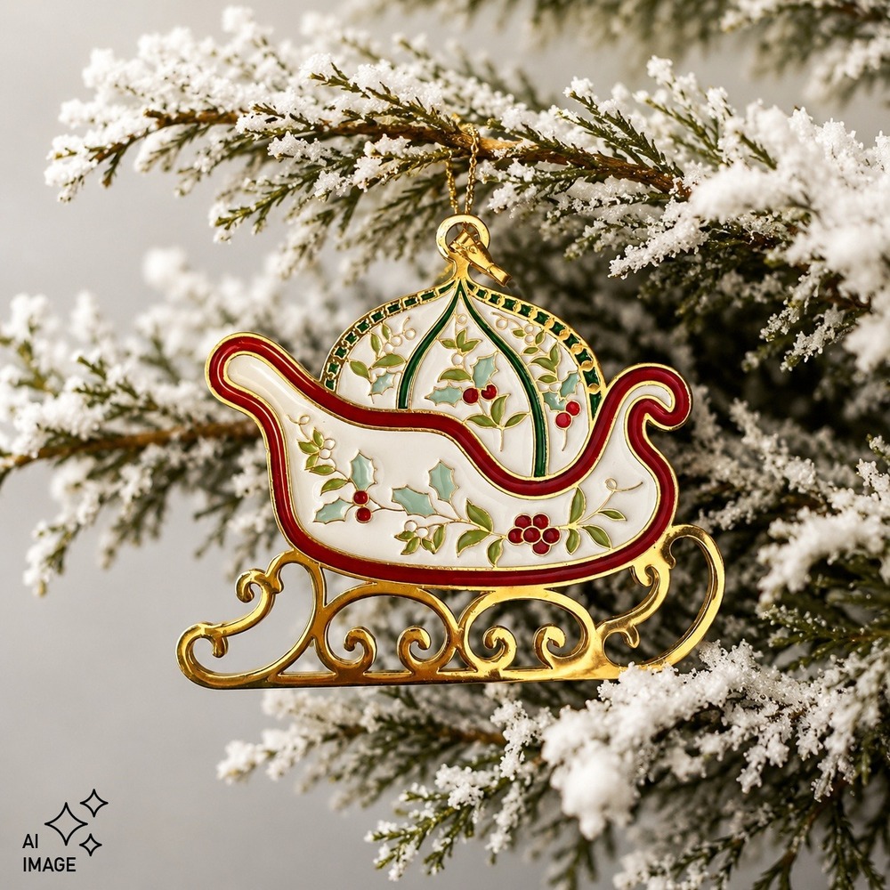 Pfaltzgraff Winterberry Sleigh Christmas Ornament Gold Tone Enamel Holly Berry